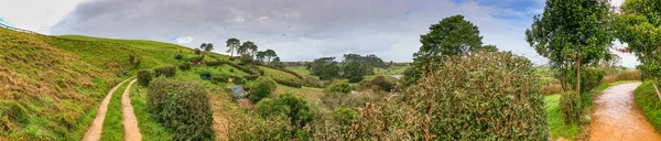 Hobbiton, Yeni Zelanda. Hobbiton Köyü 'nün panoramik hava manzarası. Hobbitlerin deliklerinde yaşadığı yer..
