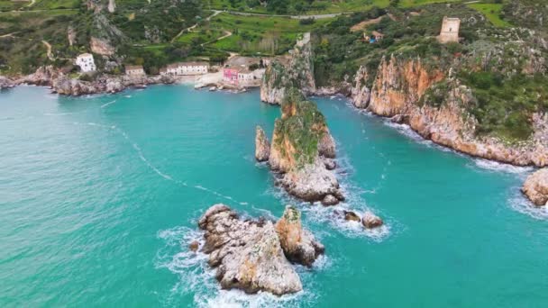 Faraglioni Scopello Sicily Italy Rocks Sea Aerial View Drone — 图库视频影像