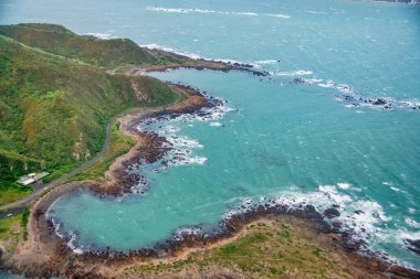 Yeni Zelanda kıyı şeridi, uçaktan görüş..