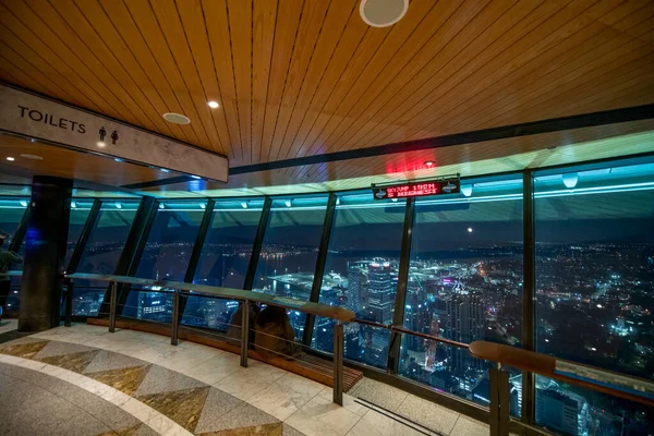 Yüksek Bir Kulenin Tepesinden Gece Havası Manzarası Şehir Işıkları Gözlüklerin — Stok fotoğraf