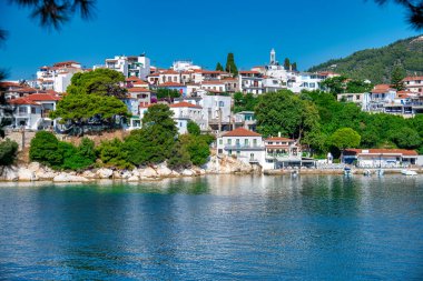 Homes of Skiathos along the city port, Greece.