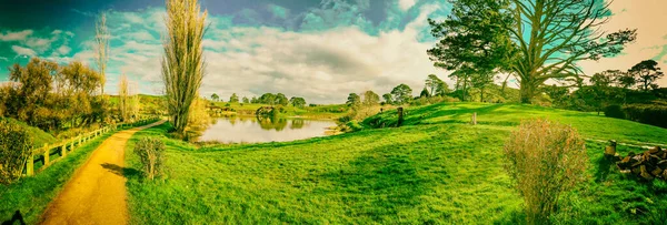 Panoramisch Uitzicht Hobbiton Village Landschap Nieuw Zeeland — Stockfoto