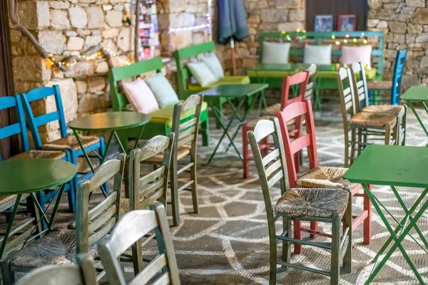 Table Set Night Colorful Tables Wooden Chairs — Fotografia de Stock