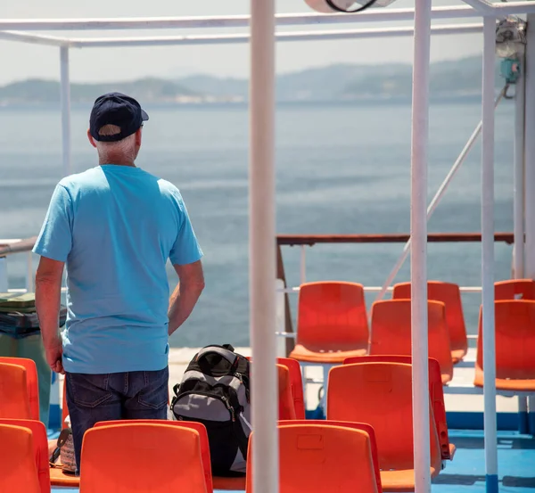 Elderly Man Enjoys Ferry Trip Islands — 스톡 사진