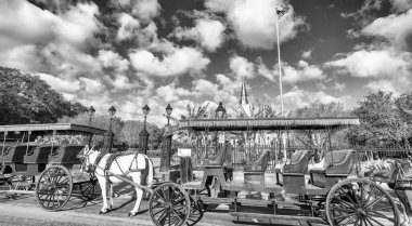 NEW ORLEANS - JANUARY 27, 2016: Black and white view Horse Carriage in front of Jackson Square. The city attracts 15 million tourists annually.