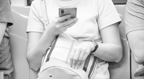 Asian Woman Using Smartphone Subway Detail Hands — ストック写真