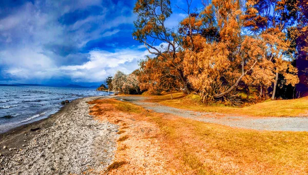 Panoramiczny Widok Jezioro Taupo Nowej Zelandii Sezon Jesienny — Zdjęcie stockowe