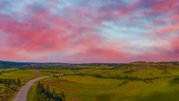 Panoramic Aerial View Devils Tower Surrounding Countryside Summer Sunset Wyoming — 스톡 사진