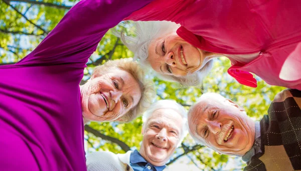 四位年长的男女看着外面的摄像头 幸福与退休理念 — 图库照片