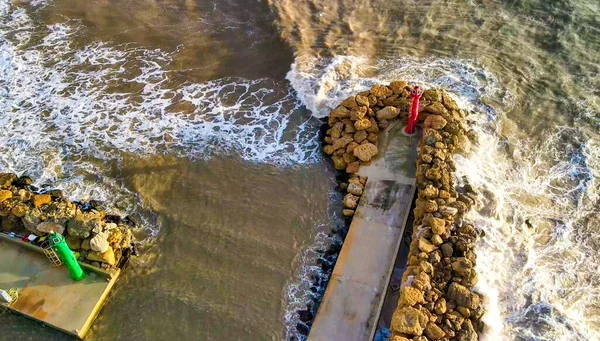 Maják Pobřeží Během Bouřky Letecký Pohled Dronu — Stock fotografie