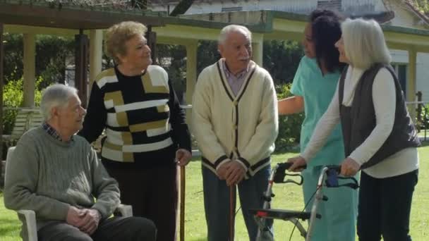 Two Couples Elderly Active Seniors Relaxing Outdoor Help African Nurse — Wideo stockowe