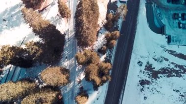 Misurina road aerial view in winter from drone, Italian Dolomites.