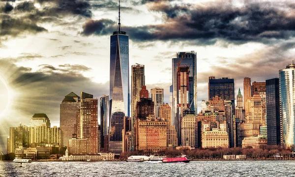 Amazing Sunset Skyline Lowr Manhattan Cruise Ship New York City — Stock Photo, Image