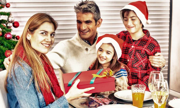 Happy Smiling Caucasian Family Home Christmas Unwrapping Christmas Gifts — Stock Photo, Image