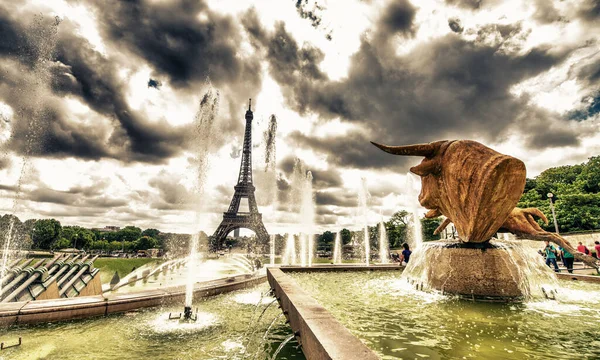 Tour Eiffel Vue Depuis Les Jardins Trocadéro Avec Fontaines — Photo