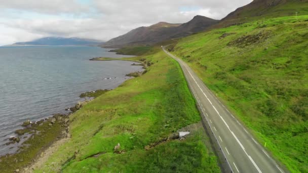 Vackert Landskap Island Fjord Sommarsäsongen Flygutsikt Från Drönare — Stockvideo