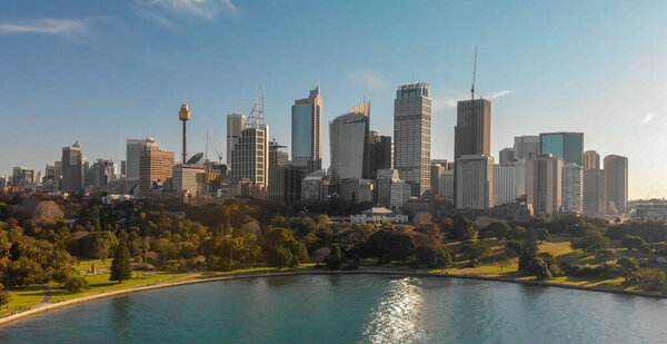 Sydney, Australia. Panoramic aerial view of city skyline and famous harbor area.
