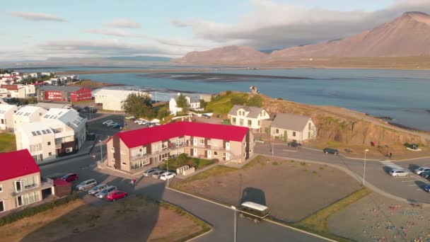 Вид Город Боргарнес Юго Западе Исландии Дрона — стоковое видео