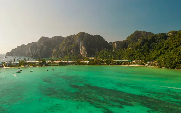 Phi Phi Don, Thailand. Aerial view of Phi Phi Island coastline from drone on a hot sunny day