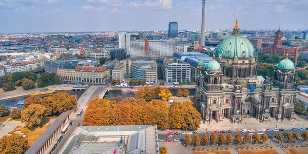 Berlin aerial view from drone, Germany. Buildings, Cathedral and City Tower on a beautiful summer day