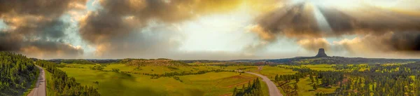 Panoramic Aerial View Devils Tower Surrounding Countryside Summer Sunset Wyoming — 스톡 사진