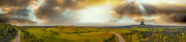 Panoramic Aerial View Devils Tower Surrounding Countryside Summer Sunset Wyoming — Stock Fotó