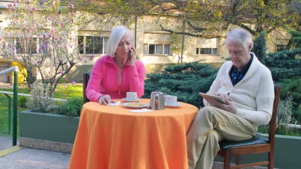 Pareja Mayor Haciendo Desayuno Aire Libre — Vídeo de stock