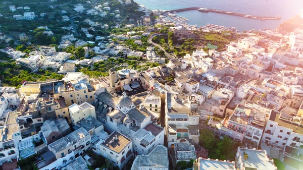 Aerial view of Capri homes and cityscape at summer sunset, Campania