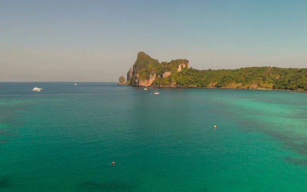 Phi Phi Don, Thailand. Aerial view of Phi Phi Island coastline from drone on a hot sunny day
