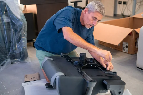 Man Assembling New Furniture Home New Purchase Hobby Concept Caucasian — Stock Photo, Image