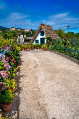 Madeira Adası, geleneksel ev köyü manzarası, Portekiz. Santana şehri güneşli bir günde.