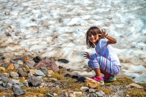 Young Girl Touching Ice Glacier — Foto Stock