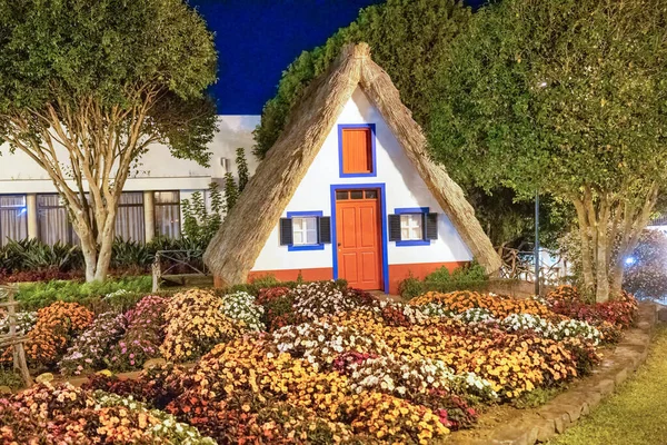 Vista Nocturna Isla Madeira Casa Rural Tradicional Atardecer Paisaje Del — Foto de Stock