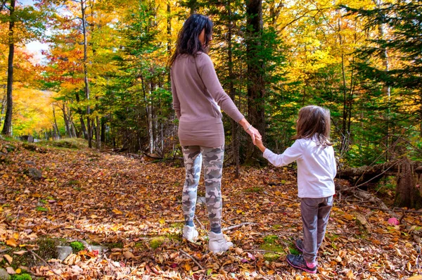 Happy Mother Daughter Walking Trail Foliage Season — Stock Photo, Image
