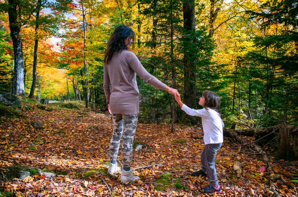 Happy Mother Daughter Walking Trail Foliage Season — Stock Photo, Image