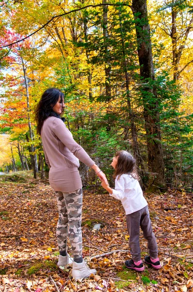 Happy Mother Daughter Walking Trail Foliage Season — Stock Photo, Image