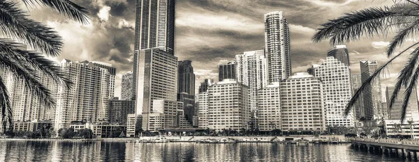 Downtown Miami Skyline Gebouwen Reflecties Van Brickell Key Wolkenkrabbers Omlijst — Stockfoto