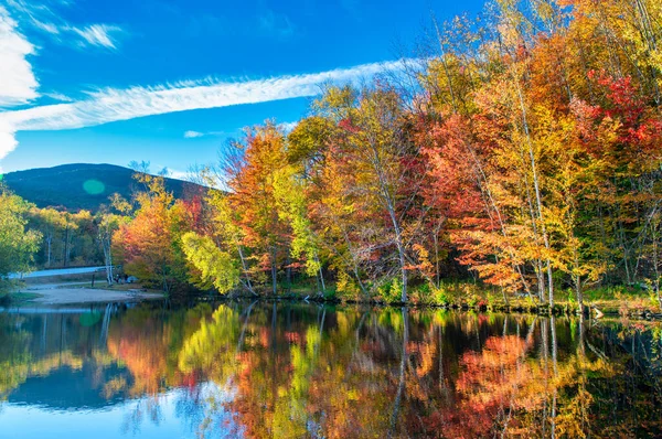Loof Landschap Kleuren Meer Bomen Herfst Seizoen Water Reflecties Ontspannen — Stockfoto