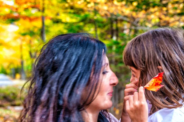 快乐的母亲和女儿在树叶季节的小径上互相凝视 — 图库照片