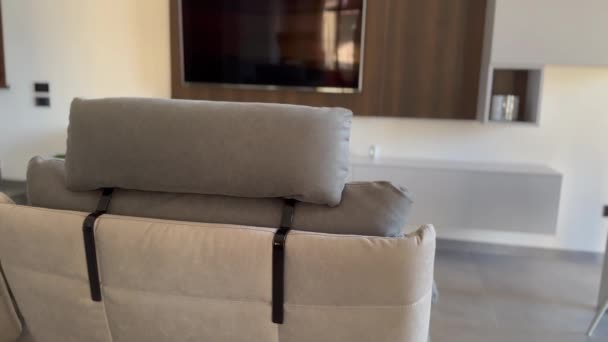 Elegancka Nowoczesna Sofa Telewizorem Tle — Wideo stockowe