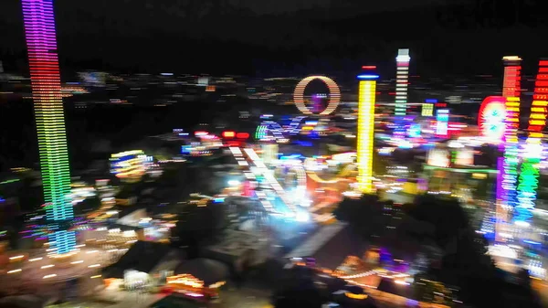 Vue Aérienne Abstraite Parc Attractions Nuit Lumières Dans Obscurité Avec — Photo