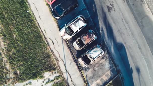 Aerial View Burned Cars Car Parking Terrorist Attack Urban Danger — ストック動画