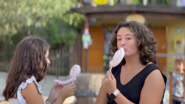 Two Young Girls Eating Cotton Candy City Amusement Park — Stock Video