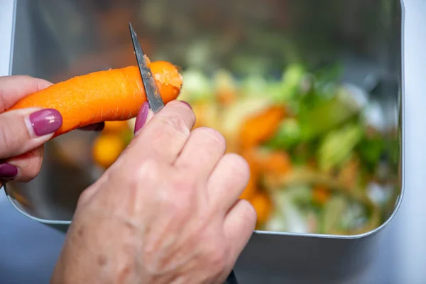 Caucasian Housewife Woman Slices Carrots Prepare Salad Ingredients Dinner Meal — Stock Photo, Image
