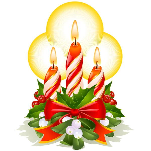Christmas candles, holly, mistletoe and ribbon — Stock Vector