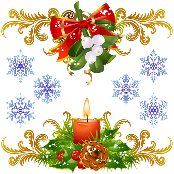 Mistletoe, candle and snowflake — Stock Vector