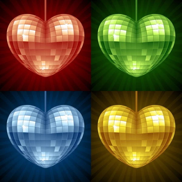 Disco hart set. vector spiegel disco bal in de vorm van hart — Stockvector