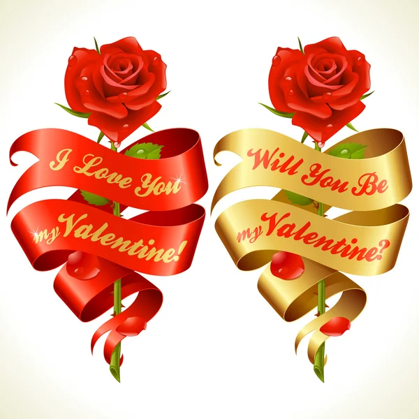 Bannières ruban en forme de coeur et rose rouge — Image vectorielle