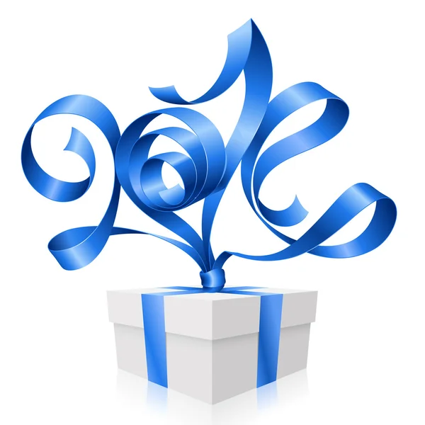 Vector blue ribbon in the shape of 2014 and gift box. Symbol of New Year — Stock Vector