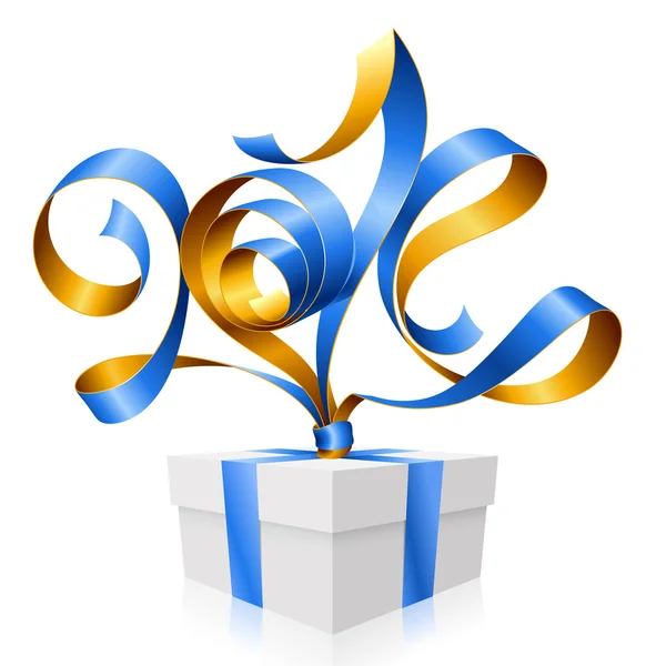 Cinta azul vectorial en forma de 2014 y caja de regalo. Símbolo del Año Nuevo — Archivo Imágenes Vectoriales
